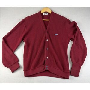 Vtg Izod Lacoste Cardigan Mens M Croc Logo Grandpa Mr Rogers Red Sweater 70s